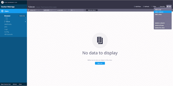 docker parse-server parse-dashboard add column